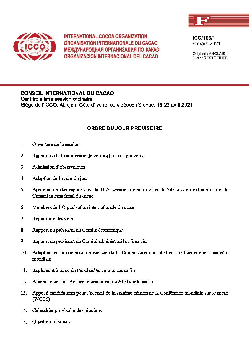 ICC-103-1 Draft Agenda – French